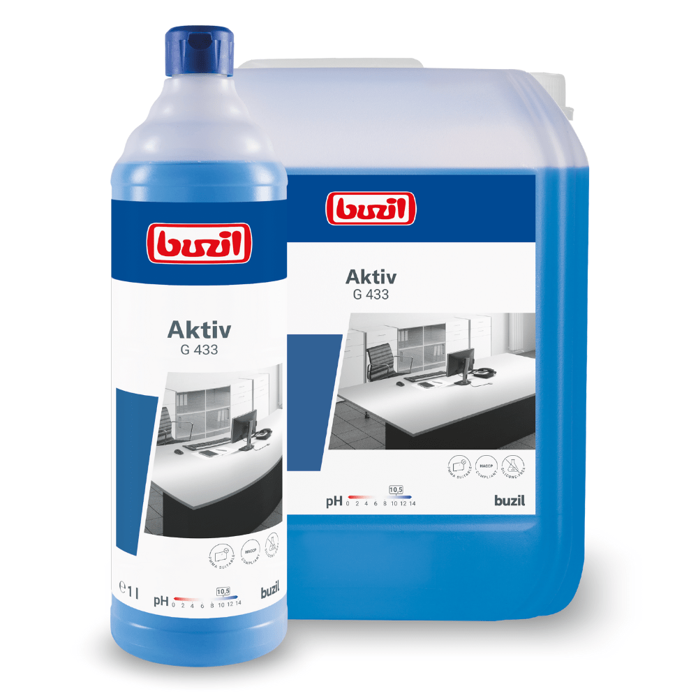 A bottle and a container of Buzil Aktiv G 433 Gentle All-Purpose Cleaner from BUZIL-WERK Wagner GmbH & Co. KG are displayed, highlighting its gentle properties. Both containers contain a blue liquid and have a label showing an image of a modern office desk. The bottle is placed in front of the larger container, emphasizing its readiness to effectively clean various surfaces.