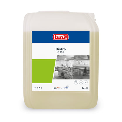 A 10-liter container of Buzil Bistro G 435 Intensive Kitchen & Grease Cleaner from BUZIL-WERK Wagner GmbH & Co. KG ensures hygienically clean surfaces. The label features a kitchen image along with product details such as pH-value and application symbols. The light yellow grease cleaner container is equipped with a carrying handle at the top for convenient transport.