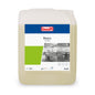 A 10-liter container of Buzil Bistro G 435 Intensive Kitchen & Grease Cleaner from BUZIL-WERK Wagner GmbH & Co. KG ensures hygienically clean surfaces. The label features a kitchen image along with product details such as pH-value and application symbols. The light yellow grease cleaner container is equipped with a carrying handle at the top for convenient transport.