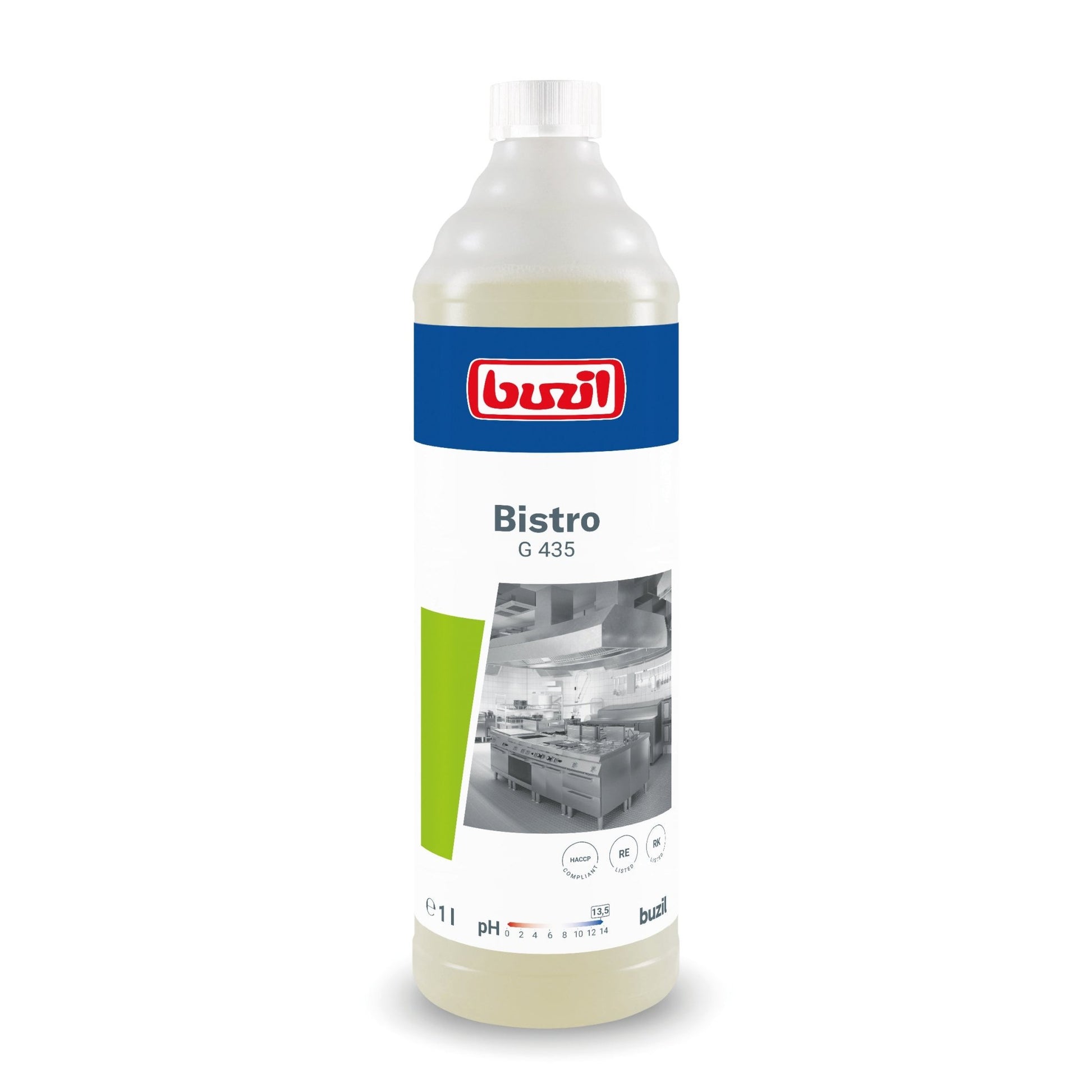 The dishwashing liquid Buzil Bistro G 435 Intensive Kitchen & Grease Cleaner from BUZIL-WERK Wagner GmbH & Co. KG is available in a tall bottle with a blue cap and kitchen label. The 1-liter cleaner ensures hygienically clean surfaces and provides pH-value information as well as brand details.