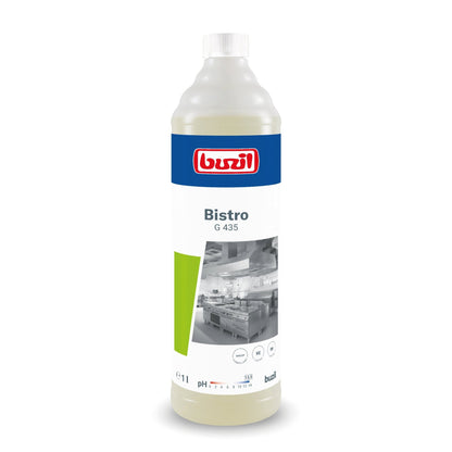 The dishwashing liquid Buzil Bistro G 435 Intensive Kitchen & Grease Cleaner from BUZIL-WERK Wagner GmbH & Co. KG is available in a tall bottle with a blue cap and kitchen label. The 1-liter cleaner ensures hygienically clean surfaces and provides pH-value information as well as brand details.