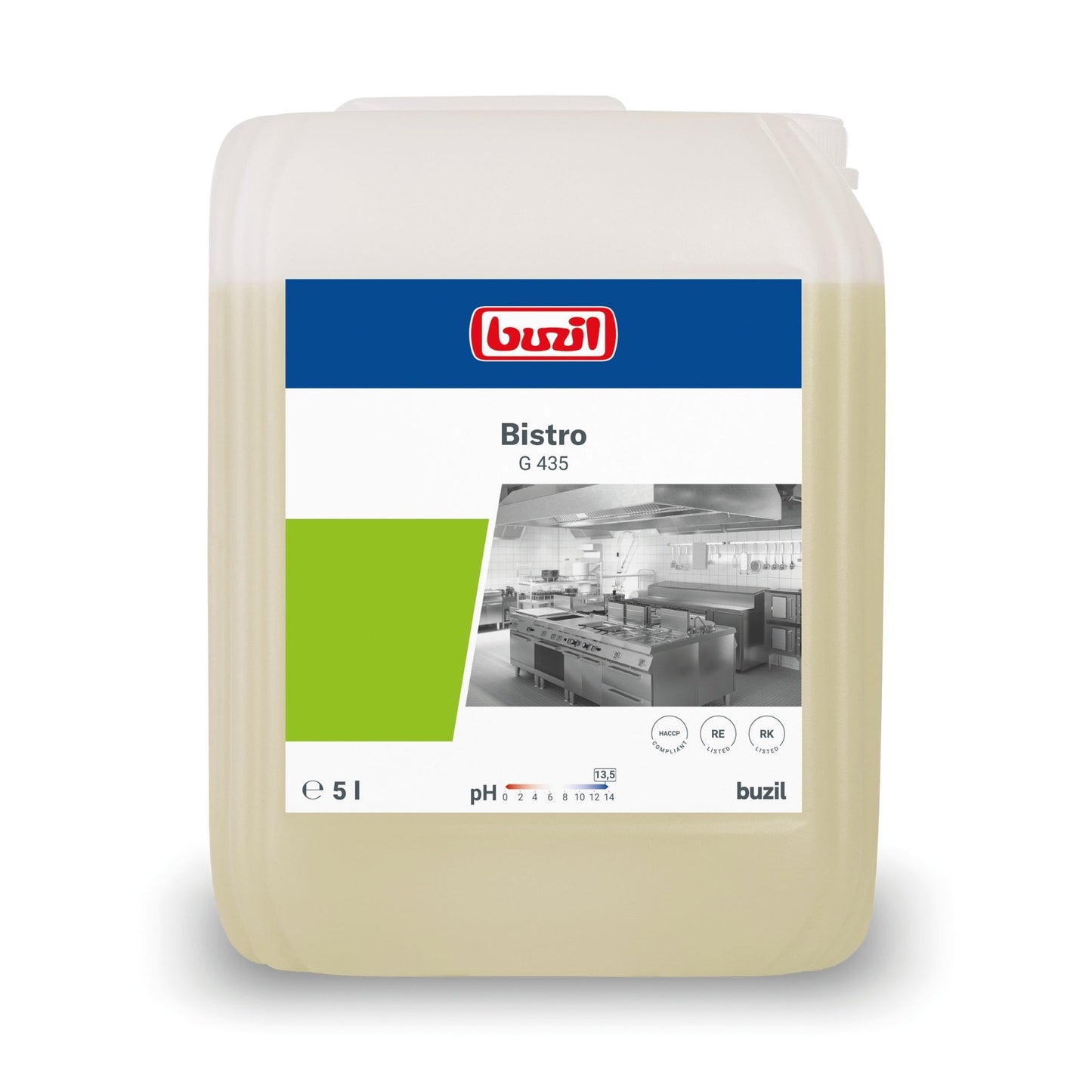 A 5-liter container of Buzil Bistro G 435 Intensive Kitchen & Grease Cleaner from BUZIL-WERK Wagner GmbH & Co. KG is labeled with a kitchen image, a green rectangle, and details such as pH-value and application symbols. This translucent container is perfect for hygienically clean surfaces and is equipped with a practical screw cap.