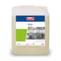 A 5-liter container of Buzil Bistro G 435 Intensive Kitchen & Grease Cleaner from BUZIL-WERK Wagner GmbH & Co. KG is labeled with a kitchen image, a green rectangle, and details such as pH-value and application symbols. This translucent container is perfect for hygienically clean surfaces and is equipped with a practical screw cap.