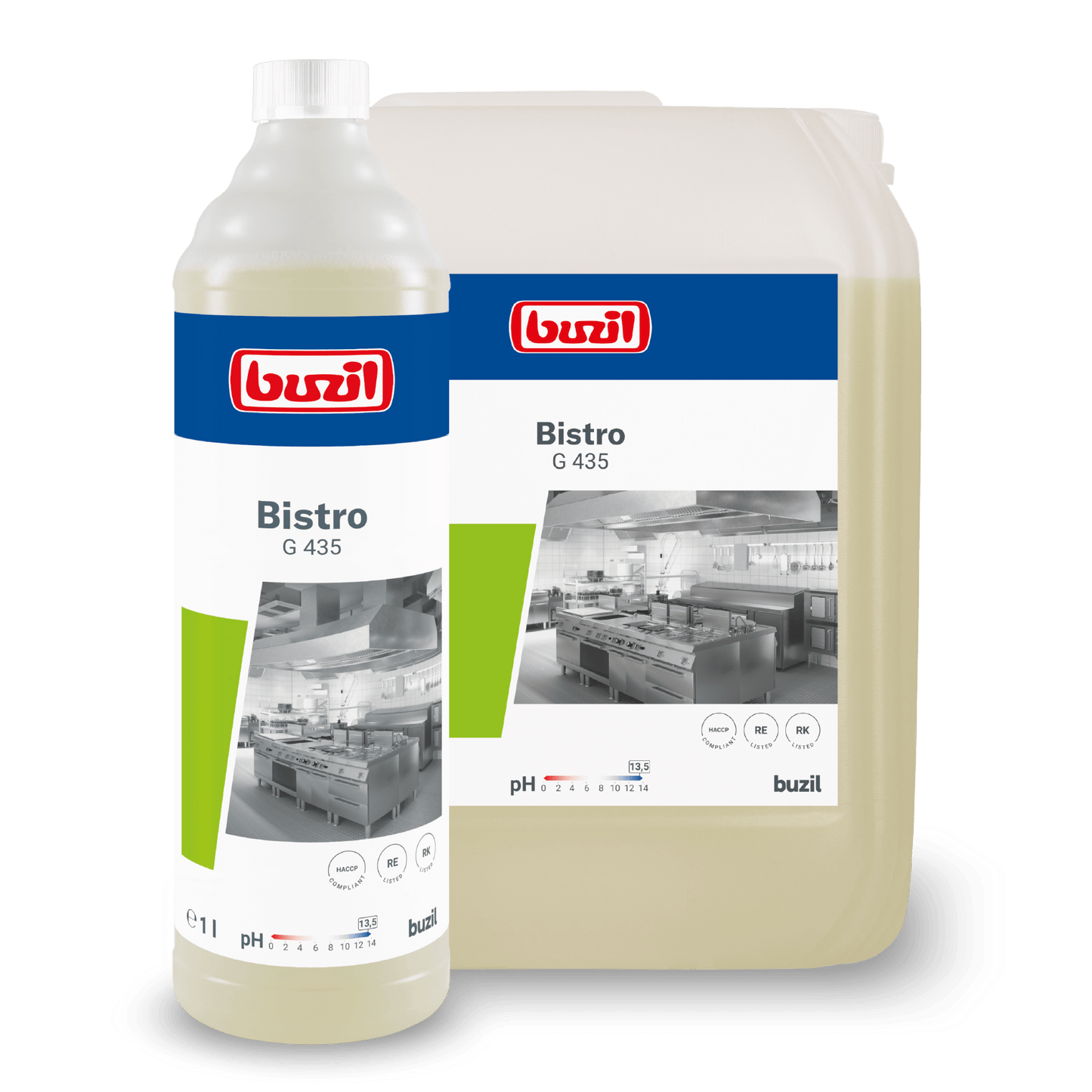Pictured are two containers of Buzil Bistro G 435 Intensive Kitchen & Grease Cleaner from BUZIL-WERK Wagner GmbH & Co. KG. The larger one is a transparent jug, the smaller one a clear bottle. Both are labeled with a kitchen image and product details for hygienically clean surfaces. Ideal as a powerful grease cleaner for spotless results.