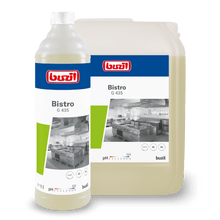 Pictured are two containers of Buzil Bistro G 435 Intensive Kitchen & Grease Cleaner from BUZIL-WERK Wagner GmbH & Co. KG. The larger one is a transparent jug, the smaller one a clear bottle. Both are labeled with a kitchen image and product details for hygienically clean surfaces. Ideal as a powerful grease cleaner for spotless results.