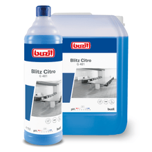 A 1-liter bottle and a large container of Buzil Blitz Citro G 481 Universal Cleaner from BUZIL-WERK Wagner GmbH & Co. KG, both with a fresh citrus scent. The blue products are labeled with white-red tags featuring a cleanroom image. The large container is ideal for extended use.