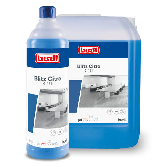 A 1-liter bottle and a large container of Buzil Blitz Citro G 481 Universal Cleaner from BUZIL-WERK Wagner GmbH & Co. KG, both with a fresh citrus scent. The blue products are labeled with white-red tags featuring a cleanroom image. The large container is ideal for extended use.
