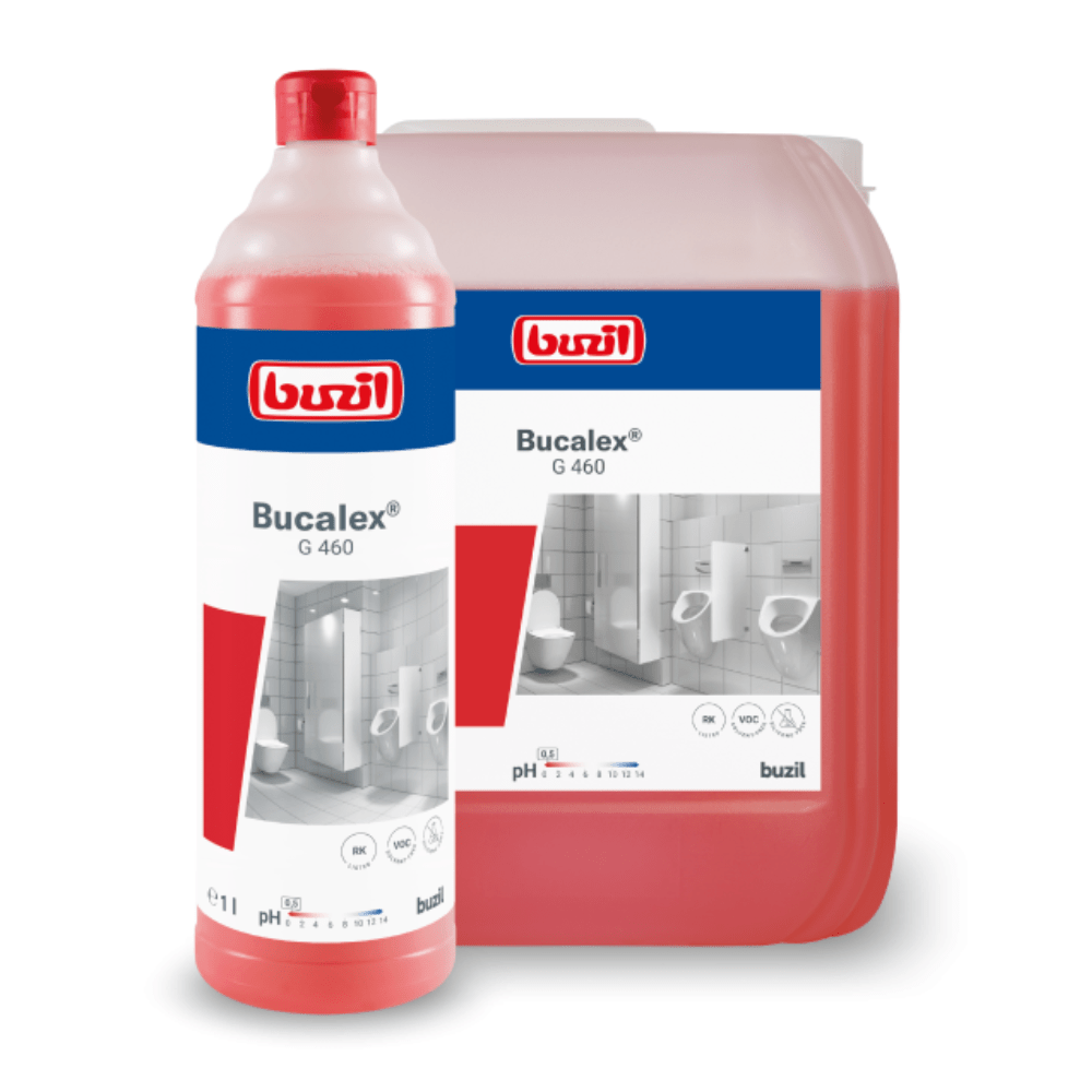A large bottle and a container of Buzil Bucalex® G 460 Viscous Sanitary Cleaner, a cleaning product from BUZIL-WERK Wagner GmbH & Co. KG. The label emphasizes the phosphoric acid formula and includes an image showing a bathroom with tiles and fixtures. The red liquid inside contains information about the pH value and various product details.