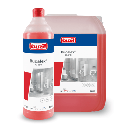 A large bottle and a container of Buzil Bucalex® G 460 Viscous Sanitary Cleaner, a cleaning product from BUZIL-WERK Wagner GmbH & Co. KG. The label emphasizes the phosphoric acid formula and includes an image showing a bathroom with tiles and fixtures. The red liquid inside contains information about the pH value and various product details.