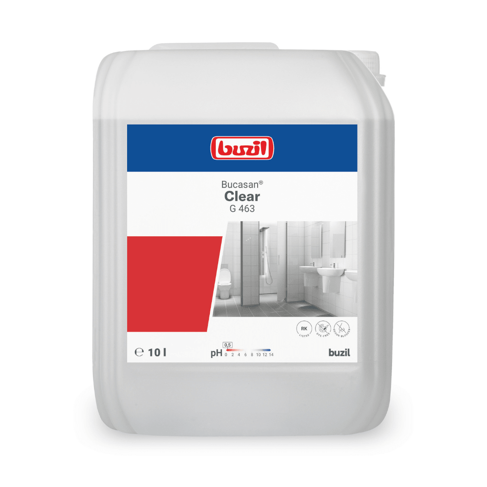 A 10-liter container with Buzil Bucasan® Clear G 463 dye-free sanitary maintenance cleaner with odor blocker, featuring the brand logo of BUZIL-WERK Wagner GmbH & Co. KG, the product name, a bathroom image, and a pH value of 3. Ideal for regular sanitary care with effective lime scale removal function. Made of plastic with a handle and screw cap.