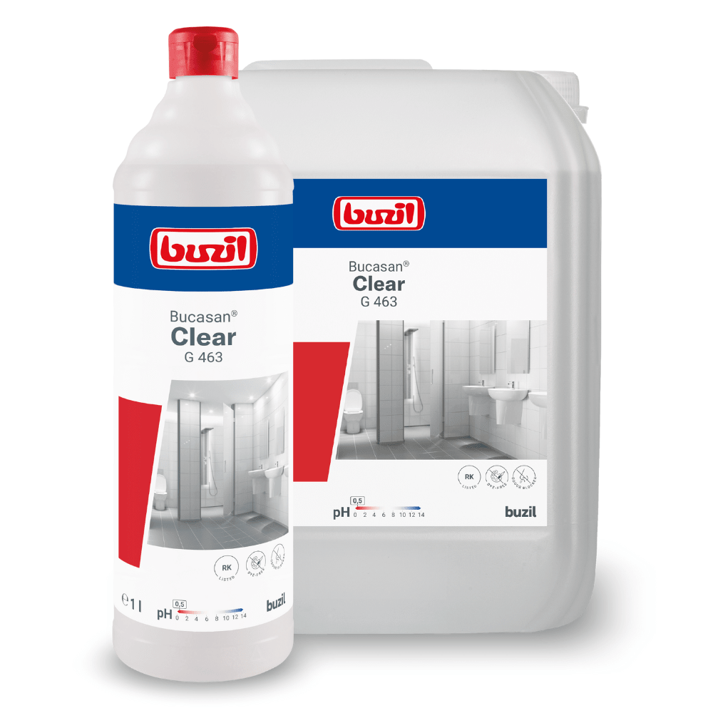 Displayed are two containers with Buzil Bucasan® Clear G 463 dye-free sanitary maintenance cleaner with odor blocker from BUZIL-WERK Wagner GmbH & Co. KG. The front, white container with a red lid stands next to a larger gray jug. Both labels feature bathroom images and emphasize the dual purpose: effective as a routine sanitary cleaner and excellent for lime scale removal.