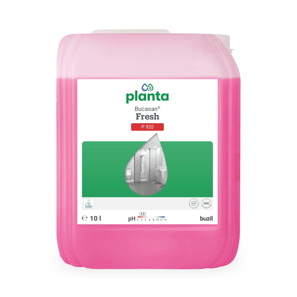 A pink 10-liter container labeled "Buzil Bucasan® Fresh P 920" from BUZIL-WERK Wagner GmbH & Co. KG represents an effective ecological and universal sanitary maintenance cleaner. The label with a water droplet depicting a cleanroom highlights its pH value and VOC compliance while emphasizing its effectiveness against mineral dirt and its environmental friendliness.