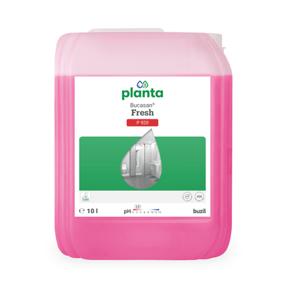 A pink 10-liter container labeled "Buzil Bucasan® Fresh P 920" from BUZIL-WERK Wagner GmbH & Co. KG represents an effective ecological and universal sanitary maintenance cleaner. The label with a water droplet depicting a cleanroom highlights its pH value and VOC compliance while emphasizing its effectiveness against mineral dirt and its environmental friendliness.