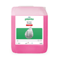 A pink 10-liter container labeled "Buzil Bucasan® Fresh P 920" from BUZIL-WERK Wagner GmbH & Co. KG represents an effective ecological and universal sanitary maintenance cleaner. The label with a water droplet depicting a cleanroom highlights its pH value and VOC compliance while emphasizing its effectiveness against mineral dirt and its environmental friendliness.