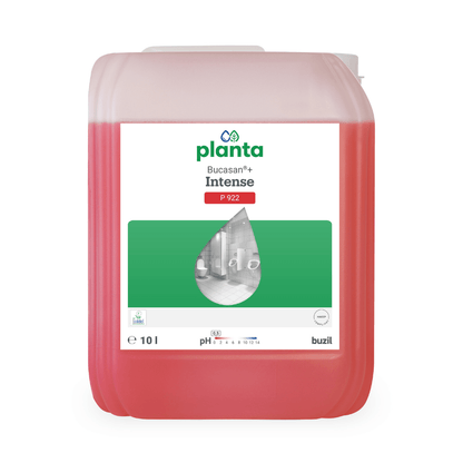 This image shows a 10-liter container with Buzil Bucasan®+ Intense P 922, an ecological sanitary cleaner and descaler based on methanesulfonic acid. The label clearly displays the product name and branding of BUZIL-WERK Wagner GmbH & Co. KG, highlighted by a drop graphic over a green rectangle with a bathroom scene in the background.