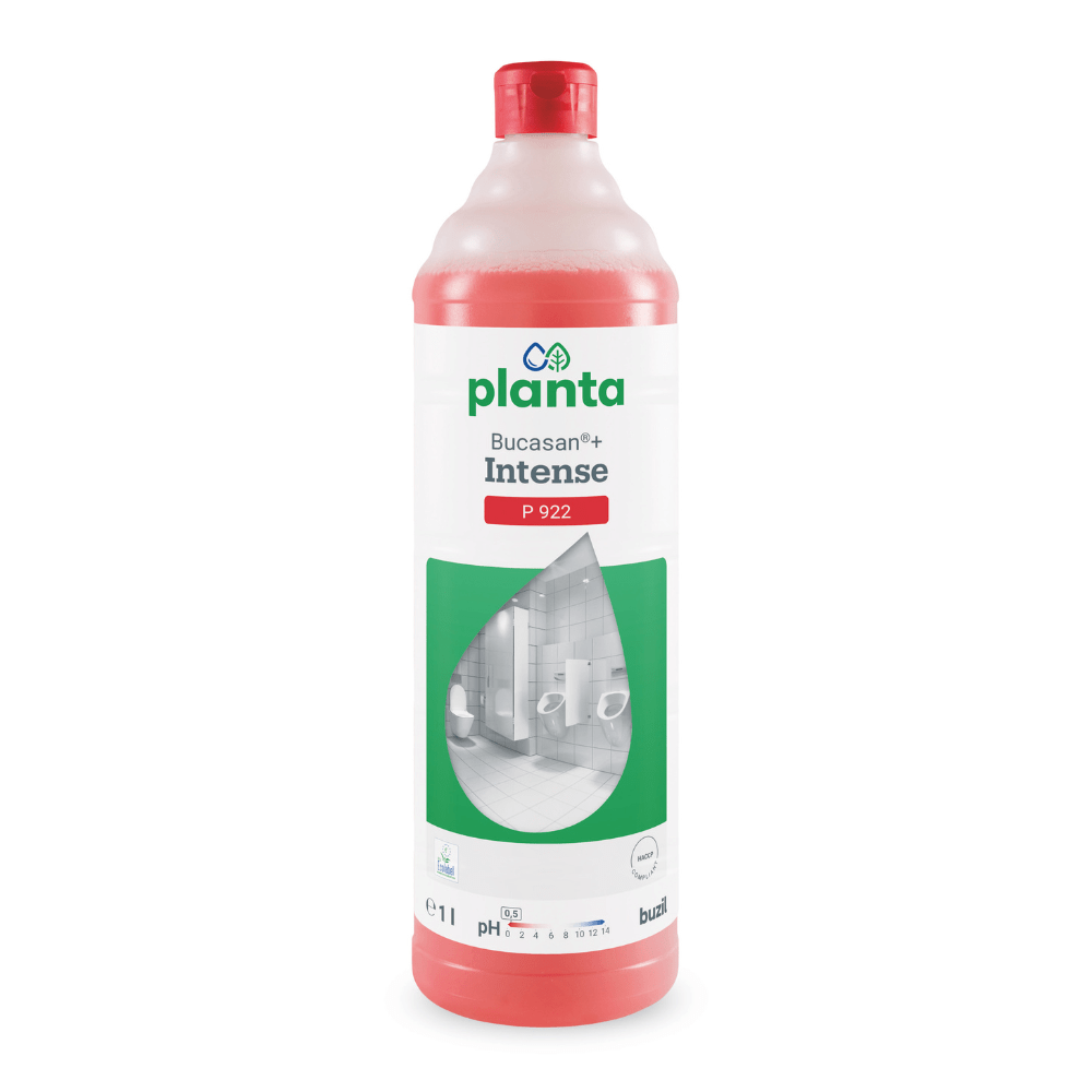 A 1-liter plastic bottle of Buzil Bucasan®+ Intense P 922, an ecological sanitary cleaner and descaler based on methanesulfonic acid from BUZIL-WERK Wagner GmbH & Co. KG. The label is predominantly white with green text and shows a drop-shaped cutout depicting a bathroom, intended to combat mineral deposits. The bottle comes with a red cap.