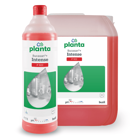 Displayed are a large bottle and a container with the cleaning solution Buzil Bucasan®+ Intense P 922, an ecological sanitary cleaner and descaler based on methanesulfonic acid from BUZIL-WERK Wagner GmbH & Co. KG. The red bottle is equipped with a label featuring the product name and a bathroom image, while the container complements this with a similar color scheme.