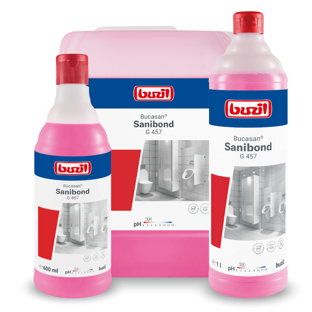 Displayed are three bottles of Buzil Bucasan® Sanibond G 457 Viscous Sanitary Maintenance Cleaner from BUZIL-WERK Wagner GmbH & Co. KG. The pink bottles are labeled in red and white in different sizes and show a clean bathroom image alongside pH value information, promising streak-free shine for a flawless finish.