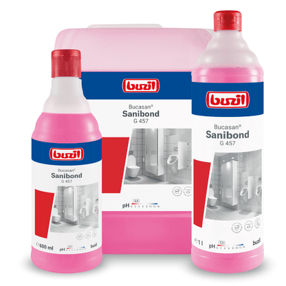 Displayed are three bottles of Buzil Bucasan® Sanibond G 457 Viscous Sanitary Maintenance Cleaner from BUZIL-WERK Wagner GmbH & Co. KG. The pink bottles are labeled in red and white in different sizes and show a clean bathroom image alongside pH value information, promising streak-free shine for a flawless finish.