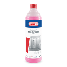 Pictured is a 1-liter bottle of Buzil Bucasan® Sanibreeze G 454 citric acid-based sanitary maintenance cleaner with odor blocker from BUZIL-WERK Wagner GmbH & Co. KG. The pink bottle with a red cap is labeled with bathroom images, the brand logo, the product name, and symbols indicating pH neutrality and environmental certifications.