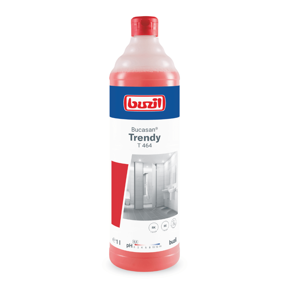 A 1-liter bottle of Buzil Bucasan® Trendy T 464 intensive fragrance sanitary maintenance cleaner in the red-white design of BUZIL-WERK Wagner GmbH & Co. KG shows a bathroom motif and application symbols on the label. It promises streak-free shine and is sealed with a red cap containing an effective cleaning solution.