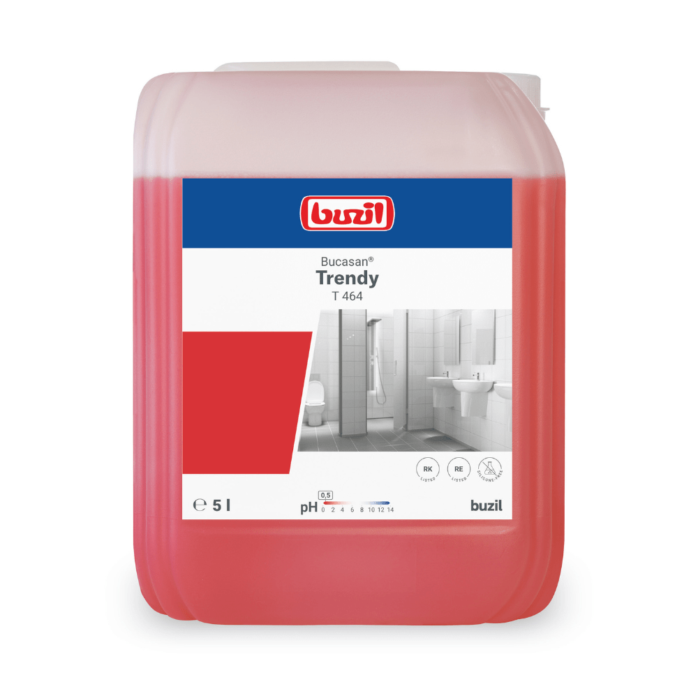 A 5-liter container of Buzil Bucasan® Trendy T 464, a red liquid disinfectant cleaner from BUZIL-WERK Wagner GmbH & Co. KG, ensures streak-free shine. The label includes a barcode, safety symbols, and a pH range of 4.5-5.5. A bathroom graphic indicates its use for limescale removal.