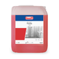 A 5-liter container of Buzil Bucasan® Trendy T 464, a red liquid disinfectant cleaner from BUZIL-WERK Wagner GmbH & Co. KG, ensures streak-free shine. The label includes a barcode, safety symbols, and a pH range of 4.5-5.5. A bathroom graphic indicates its use for limescale removal.