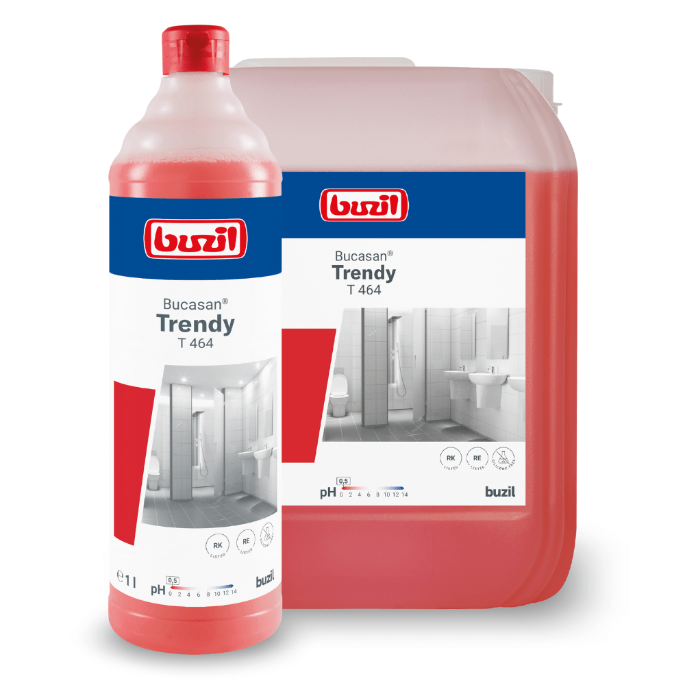 The image shows two containers of Buzil Bucasan® Trendy T 464 intensive fragrance sanitary maintenance cleaner from BUZIL-WERK Wagner GmbH & Co. KG. One is a one-liter bottle, and the other is a larger canister. Both contain a red liquid that promises streak-free shine, and the labels note the benefits of bathroom cleaning and limescale removal.