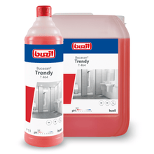The image shows two containers of Buzil Bucasan® Trendy T 464 intensive fragrance sanitary maintenance cleaner from BUZIL-WERK Wagner GmbH & Co. KG. One is a one-liter bottle, and the other is a larger canister. Both contain a red liquid that promises streak-free shine, and the labels note the benefits of bathroom cleaning and limescale removal.