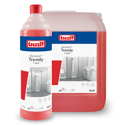 The image shows two containers of Buzil Bucasan® Trendy T 464 intensive fragrance sanitary maintenance cleaner from BUZIL-WERK Wagner GmbH & Co. KG. One is a one-liter bottle, and the other is a larger canister. Both contain a red liquid that promises streak-free shine, and the labels note the benefits of bathroom cleaning and limescale removal.