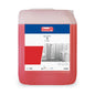 A 10-liter container of Buzil Bucazid® S G 467 sanitary cleaner with odor blocker from BUZIL-WERK Wagner GmbH & Co. KG bears the brand logo, product name, and a bathroom illustration on the label. The red liquid in the transparent bottle ensures effective lime removal and spotless cleanliness.