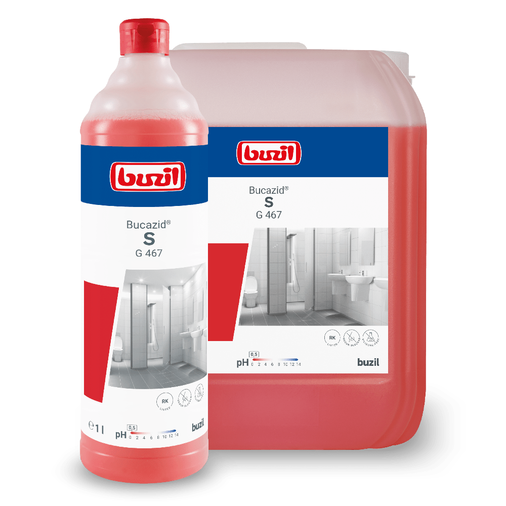 A red bottle and a larger red container, both with the logo of BUZIL-WERK Wagner GmbH & Co. KG and "Buzil Bucazid® S G 467 sanitary cleaner with odor blocker", show images of a bathroom with a toilet and sink. This powerful cleaner uses amidosulfonic acid for enhanced cleaning performance. The bottle contains 1 liter, while the container is larger.
