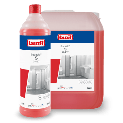 A red bottle and a larger red container, both with the logo of BUZIL-WERK Wagner GmbH & Co. KG and "Buzil Bucazid® S G 467 sanitary cleaner with odor blocker", show images of a bathroom with a toilet and sink. This powerful cleaner uses amidosulfonic acid for enhanced cleaning performance. The bottle contains 1 liter, while the container is larger.