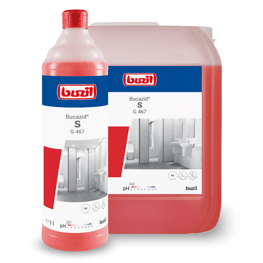 A red bottle and a larger red container, both with the logo of BUZIL-WERK Wagner GmbH & Co. KG and "Buzil Bucazid® S G 467 sanitary cleaner with odor blocker", show images of a bathroom with a toilet and sink. This powerful cleaner uses amidosulfonic acid for enhanced cleaning performance. The bottle contains 1 liter, while the container is larger.