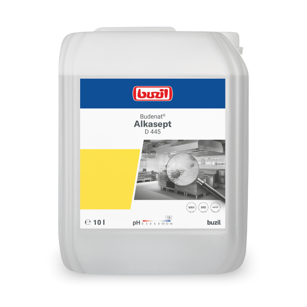 Image of a 10-liter container of Buzil Budenat® Alkasept D 445 High-Alkaline Disinfectant Cleaner. The label shows the brand logo of BUZIL-WERK Wagner GmbH & Co. KG, the product name, and a spotlessly clean large kitchen, emphasizing suitability for the food sector and alkali-resistant surfaces. The label also includes pH value symbols.