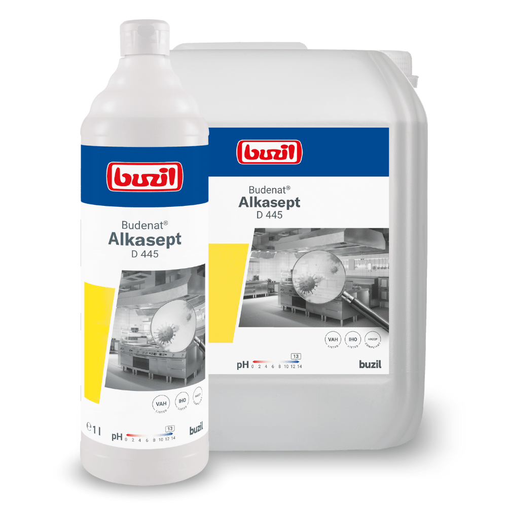 Two containers with cleaning solution are shown. The smaller bottle is in front of a larger jug, both labeled "Buzil Budenat® Alkasept D 445 High-Alkaline Disinfectant Cleaner" by BUZIL-WERK Wagner GmbH & Co. KG. Ideal for the food sector, they offer product information and images of an industrial kitchen with alkali-resistant surfaces.