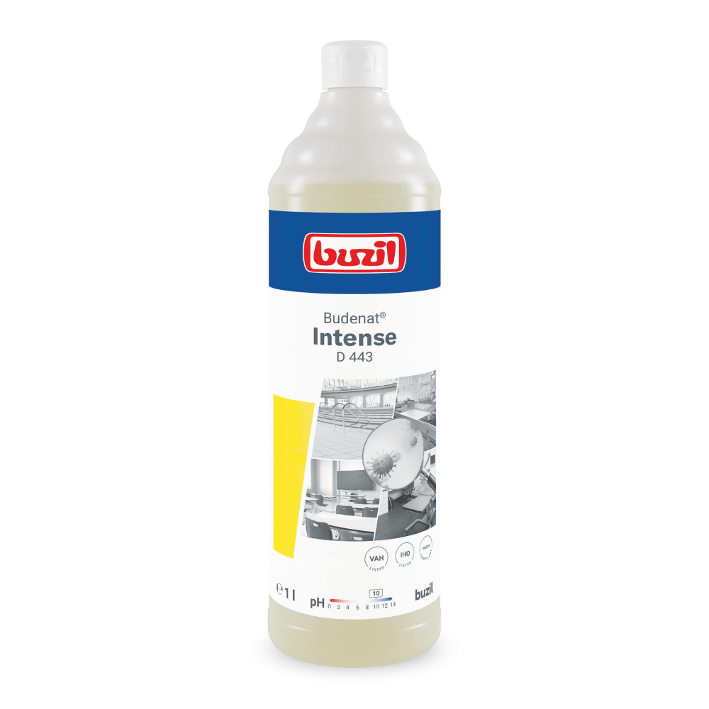 A 1-liter bottle of Buzil Budenat® Intense D 443 Highly Efficient Disinfectant Cleaner from BUZIL-WERK Wagner GmbH & Co. KG is adorned with blue-red branding and images representing clean environments. It contains pH information and usage instructions, making it ideal for HACCP concept applications to ensure bactericidal effectiveness in professional environments.
