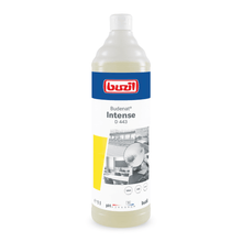 A 1-liter bottle of Buzil Budenat® Intense D 443 Highly Efficient Disinfectant Cleaner from BUZIL-WERK Wagner GmbH & Co. KG is adorned with blue-red branding and images representing clean environments. It contains pH information and usage instructions, making it ideal for HACCP concept applications to ensure bactericidal effectiveness in professional environments.