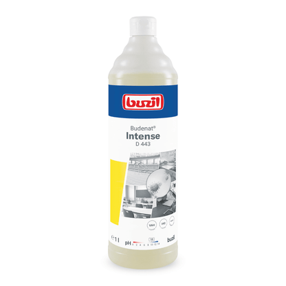A 1-liter bottle of Buzil Budenat® Intense D 443 Highly Efficient Disinfectant Cleaner from BUZIL-WERK Wagner GmbH & Co. KG is adorned with blue-red branding and images representing clean environments. It contains pH information and usage instructions, making it ideal for HACCP concept applications to ensure bactericidal effectiveness in professional environments.