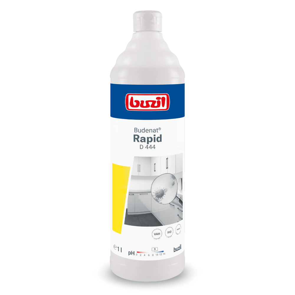 A white plastic bottle labeled “Buzil Budenat® Rapid D 444 Ready-to-use alcoholic rapid disinfectant | Bottle (1 l)” is prominently placed, featuring a blue and white design with a clean kitchen photo and yellow accents. This product from BUZIL-WERK Wagner GmbH & Co. KG is ideal for hygienic disinfection and clearly marked with product information and symbols.