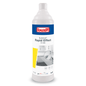 A 1-liter bottle of Buzil Budenat® Rapid Effect D 446 alcoholic rapid disinfectant, ready to use, listed with VAH and IHO. The label shows a kitchen image as well as the brand logo of BUZIL-WERK Wagner GmbH & Co. KG and product details. With a pH value of 8 and containing propan-2-ol, it includes various safety symbols. The white bottle is decorated with a blue-yellow design.