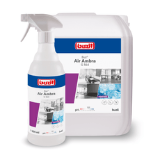 Displayed are two containers with cleaning agents: a spray bottle and a large refill can. Both bear the label "Buzil Buz® Air Ambra G 564 Ready-to-use Room Spray with Active Odor Blocker" from BUZIL-WERK Wagner GmbH & Co. KG, featuring clean rooms and water, as well as an active odor blocker for long-lasting freshness.
