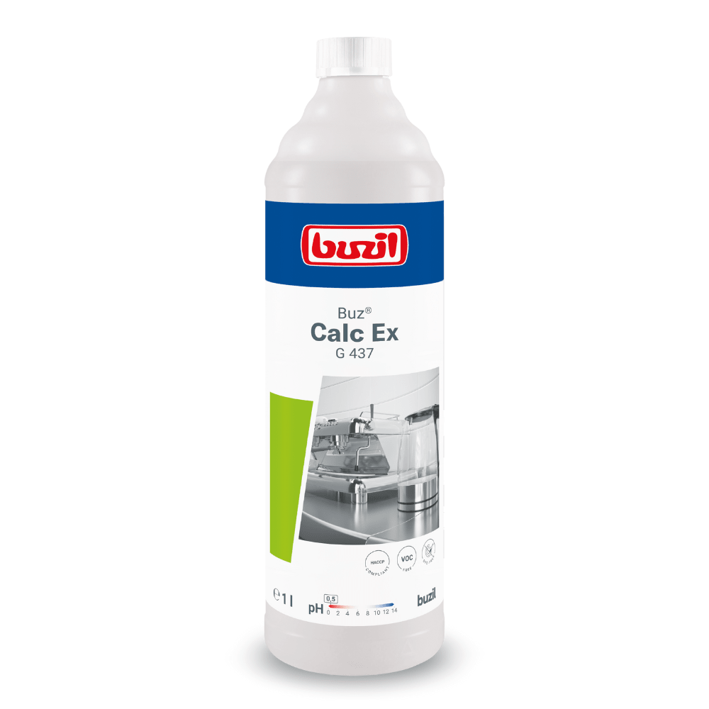 The image shows the Buzil Buz® Calc Ex G 437 High-Performance Universal Descaler. The label features a picture of a kitchen sink, product information, and at the top a blue-red logo under the brand BUZIL-WERK Wagner GmbH & Co. KG. This white bottle contains 1 liter of liquid and is formulated to meet HACCP requirements for efficient cleaning.