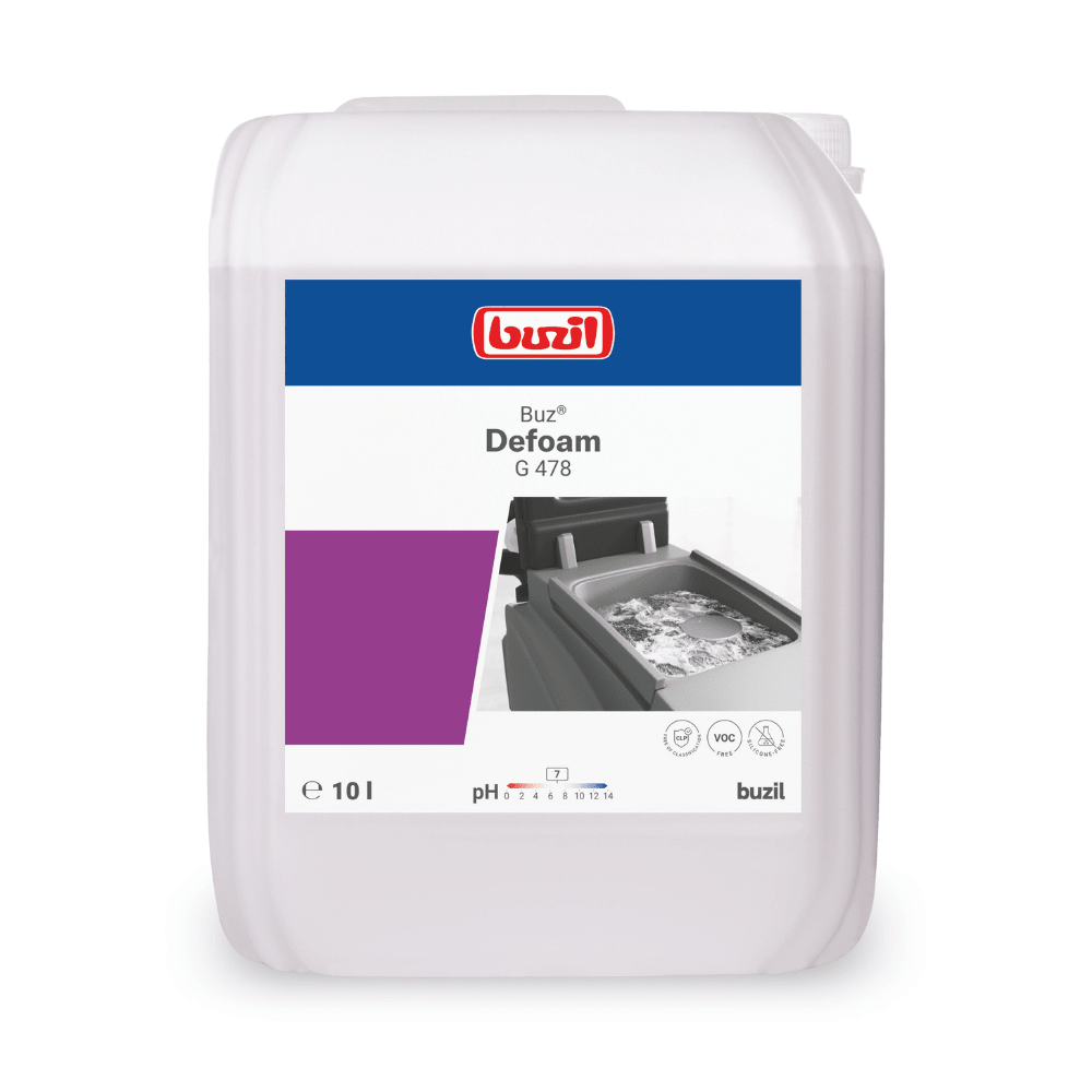 A white 10-liter container from BUZIL-WERK Wagner GmbH & Co. KG labeled "Buzil Buz® Defoam G 478 defoamer for machines" shows an image of foam in a machine and highlights not only the pH value and volume information but also the foam-reducing properties for cleaning devices.