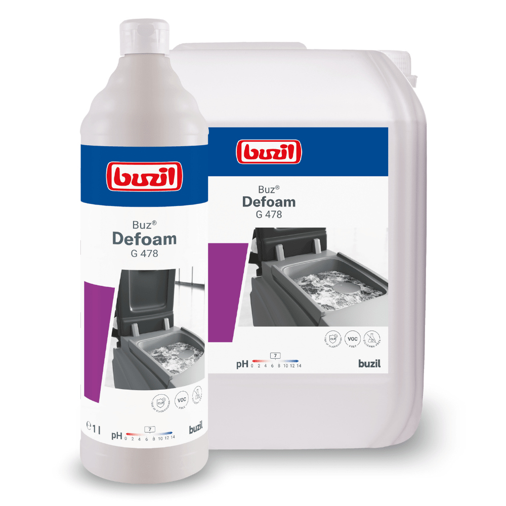 Visible are bottles of the cleaning product Buzil Buz® Defoam G 478 defoamer for machines from BUZIL-WERK Wagner GmbH & Co. KG, both in a large container and in a smaller bottle. The labels emphasize the product name and contain an image "Foam reduction in cleaning devices" highlighting the product's effectiveness in foam reduction during cleaning tasks.