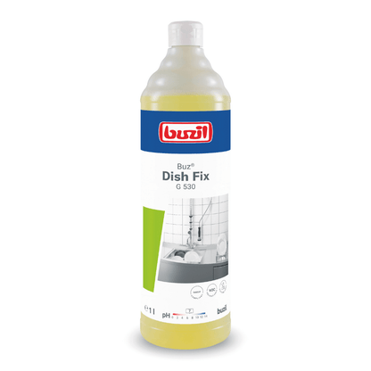 A bottle of Buzil Buz® Dish Fix G 530 hand dishwashing detergent and neutral cleaner from BUZIL-WERK Wagner GmbH & Co. KG is a powerful cleaning agent for hand dishwashing. The packaging is yellow and features a blue-white label with the image of a sink surrounded by dishes and accented with a green geometric design. It contains 1 liter of this highly effective product.