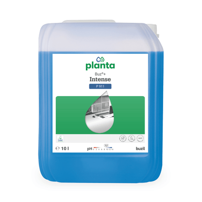A blue plastic container with "Buzil Buz®+ Intense P 911 Ecological All-Purpose Power Cleaner" from BUZIL-WERK Wagner GmbH & Co. KG, providing 10 liters of environmentally friendly solutions. The label is rectangular and green, featuring a droplet shape that highlights the cleaning application. It contains details such as pH values and safety symbols, making it ideal for professional cleaning tasks.