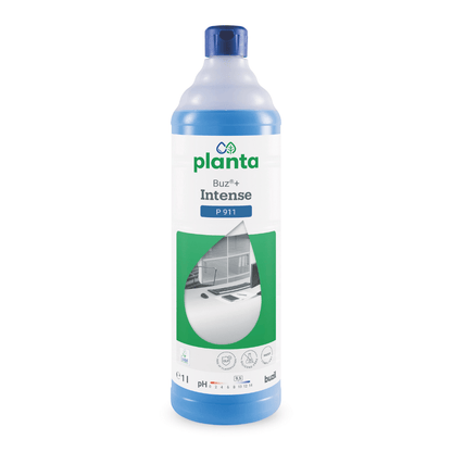 A bottle of Buzil Buz®+ Intense P 911, an ecological all-purpose power cleaner from BUZIL-WERK Wagner GmbH & Co. KG. The label shows a green background with white text and a black-and-white image depicting surface cleaning. The blue bottle comes with a matching cap and offers professional cleaning with its 1-liter capacity.