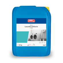 A 20 kg blue container labeled "Buzil Buz® Laundry Chlorin L 833 Liquid Bleach with Active Chlorine" from BUZIL-WERK Wagner GmbH & Co. KG, perfect for textile cleaning. The packaging highlights the washing machine and laundry basket and emphasizes its function as a liquid bleach enriched with active chlorine for effective laundry care.