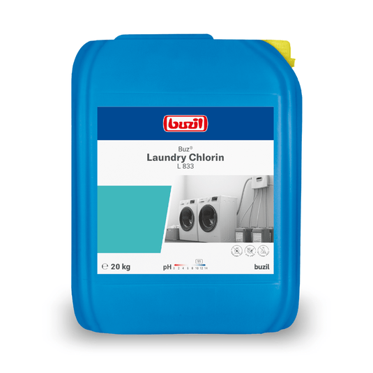 A 20 kg blue container labeled "Buzil Buz® Laundry Chlorin L 833 Liquid Bleach with Active Chlorine" from BUZIL-WERK Wagner GmbH & Co. KG, perfect for textile cleaning. The packaging highlights the washing machine and laundry basket and emphasizes its function as a liquid bleach enriched with active chlorine for effective laundry care.